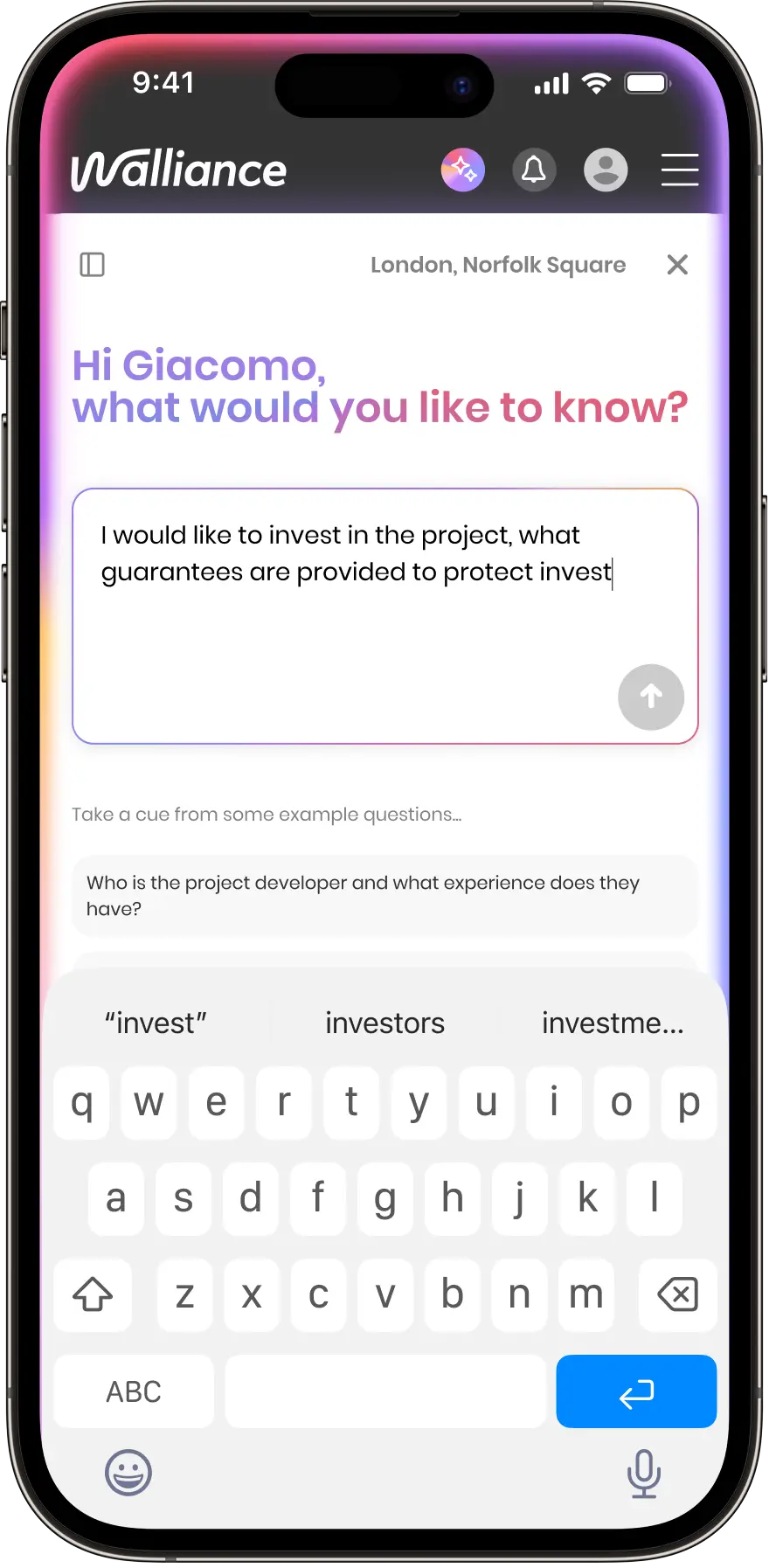 phone showing Walliance AI feature