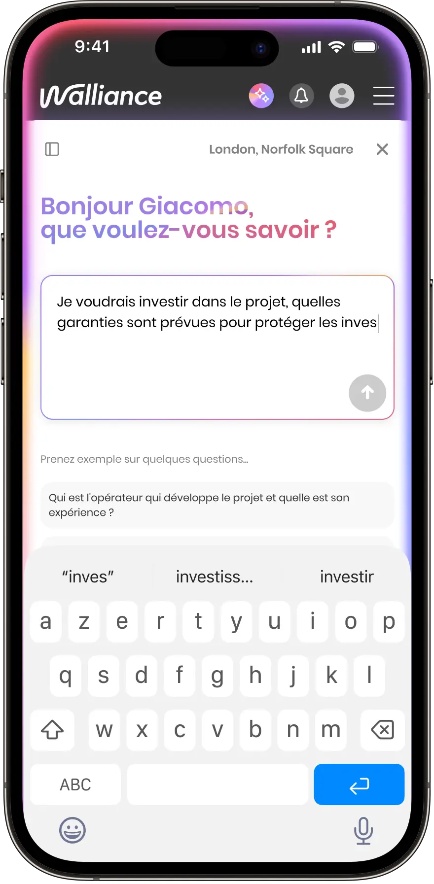 phone showing Walliance AI feature